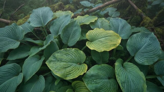 Close up of lush green hosta leaves in a shaded forest garden with natural light and vibrant texture