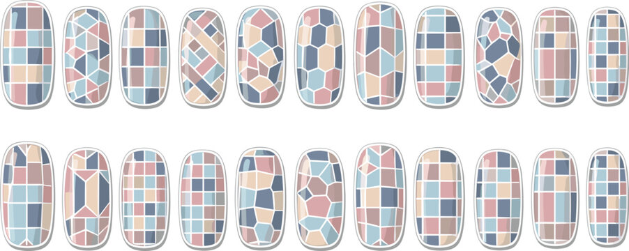 Collection of assorted nail art designs featuring geometric patterns and abstract shapes in pastel colors on oval-shaped nails