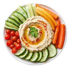 A close-up of hummus spread on a plate, surrounded by fresh vegetable slices. full length isolate on transparent background