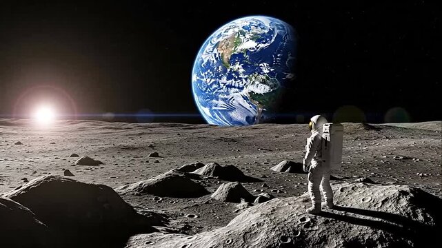Astronaut standing on the moon's surface, looking at a beautiful Earth in the vast outer space.