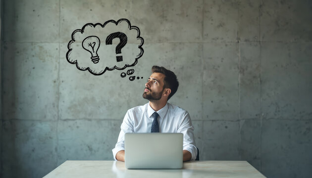 Man in shirt ponders questions and ideas in thought bubble above laptop. He thinks about problem solving, creativity, and business challenges. He seeks solutions.