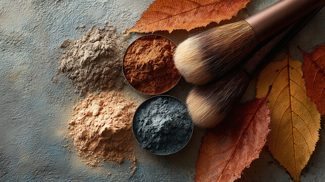 Autumnal makeup palette with brushes and fall leaves, creating a warm, aesthetic scene. The scene evokes a feeling of fall