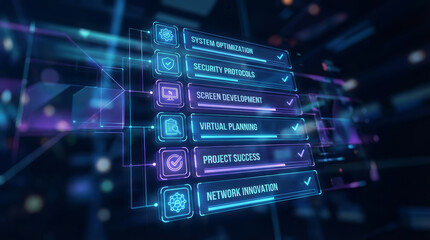 Obraz premium System optimization security protocol screen development virtual planning project success network innovation digital interface data dashboard technology futuristic abstract computer software