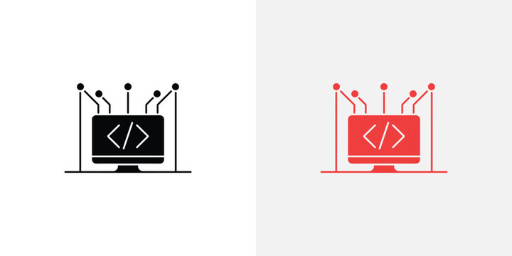 A computer monitor with coding symbols and stick figures around it in black and red colors