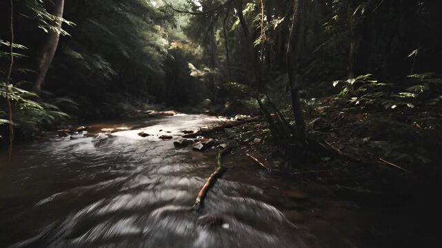 A serene forest stream flows gently through the dense foliage, surrounded by lush greenery and dappled sunlight, captured in a tranquil video scene, reference 0204 (9).mp4