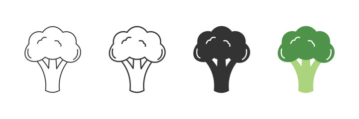 Set of minimalist broccoli icons with transparent background, depicting fresh vegetables for healthy eating, cooking recipes, and organic food apps, vector illustration