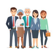 Fototapeta premium Portrait of group of happy diverse multiethnic business people standing together. Team of colleagues in different ages. Isolated vector illustration. 