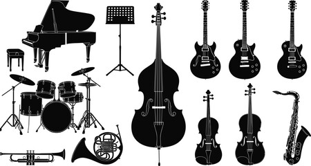 Musical instruments silhouette collection featuring piano guitars drums violin saxophone trumpet bass and orchestra equipment black white vector illustration set © World_Of_Vector
