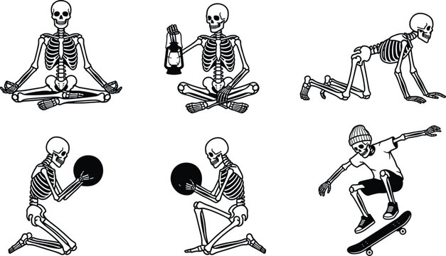 Skeleton character illustration set showing yoga meditation crawling lantern holding sports exercise and skateboarding poses isolated black line art design