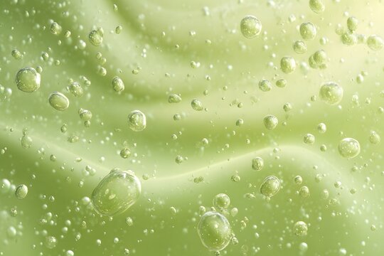 Conceptual image of vibrant green bubbles suspended in a clear liquid, creating a dynamic abstract background with smooth texture and soft lighting.