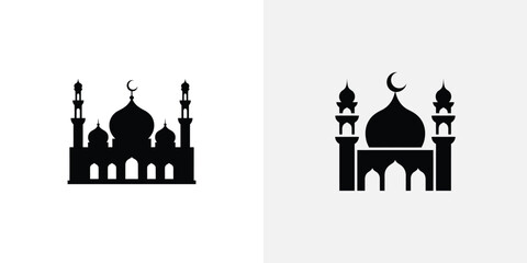 Black silhouette of a mosque with a large dome and minarets on a white background © Engineer Jahid