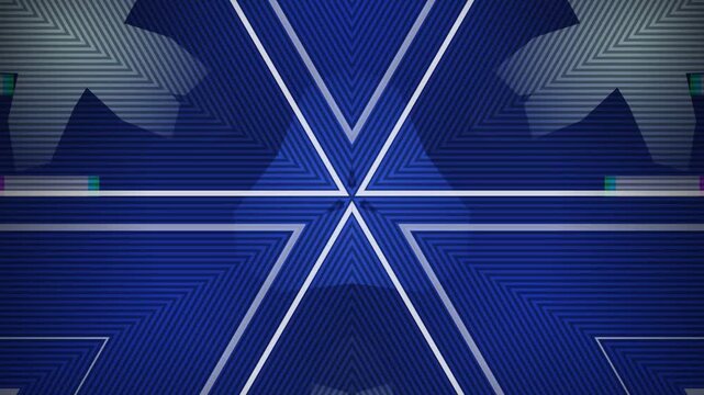 Dynamic blue kaleidoscope with geometric shapes and pulsating striped patterns