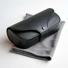 Naklejka premium Black leather glasses case with cleaning cloth rests on white surface. Hard protective eyewear accessory has snap closure. Clean lenses safe.