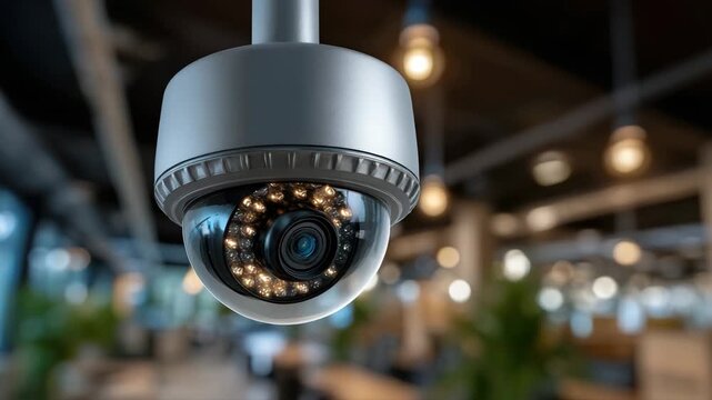 Close-up of a modern security camera in a bright office space