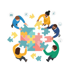 Diverse team assembling a puzzle, symbolizing teamwork, collaboration, and problem-solving