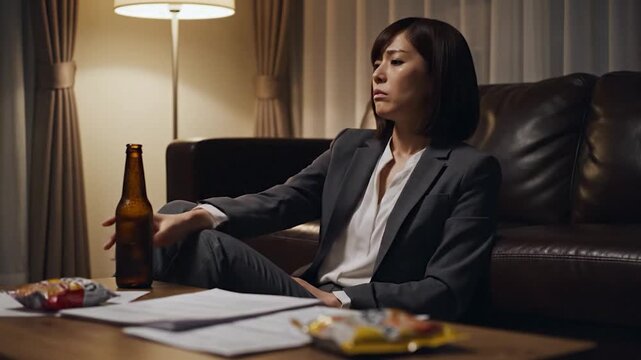 Woman in suit drinks beer while sitting on floor with papers and snacks