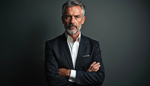 Mature man in sharp suit stands with arms crossed. Serious executive with gray beard and hair shows confidence. Male leader in formal wear with stern expression.