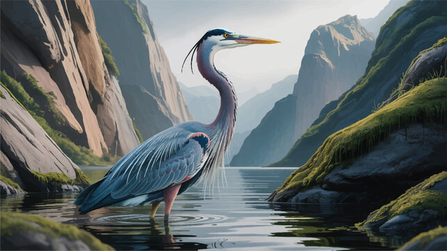 A dramatic nature photograph of a Great Blue Heron standing in shallow water at the base of steep mountain cliffs