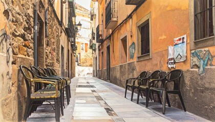 Empty street with colorful chairs and buildings