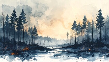 Watercolor landscape with trees and misty background