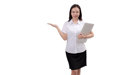 Confident professional woman holding laptop presenting with open hand marketing advertising concept
