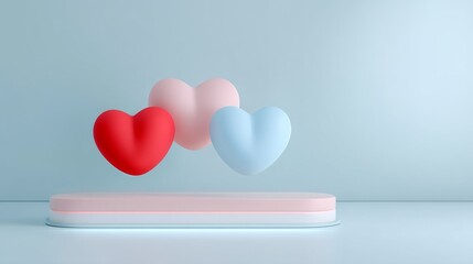 Three Colorful Hearts on Pastel Pedestal