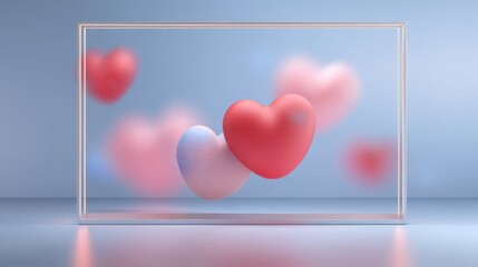 3D Heart Shapes in Transparent Glass Frame on Blue Background