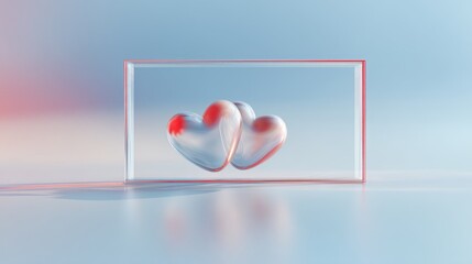 Two Glass Hearts in Red Framed Box