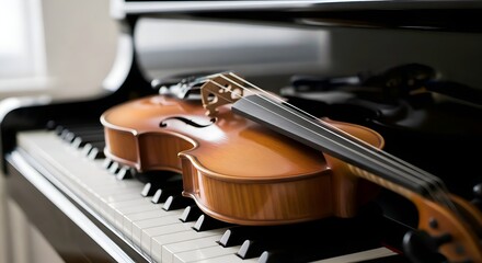 Classical Violin Resting on Piano in Music Studio Close-Up