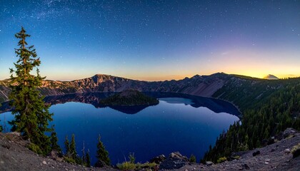 Starry night over a tranquil lake and mountains
