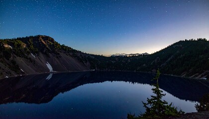 Starry night over a tranquil lake and mountains