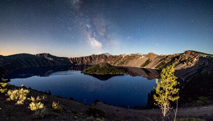 Starry night over a tranquil lake and mountains