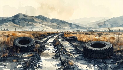 Watercolor landscape with a dirt road and mountains