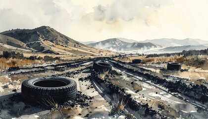 Watercolor landscape with a dirt road and mountains