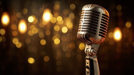 Vintage Microphone with Golden Bokeh Background