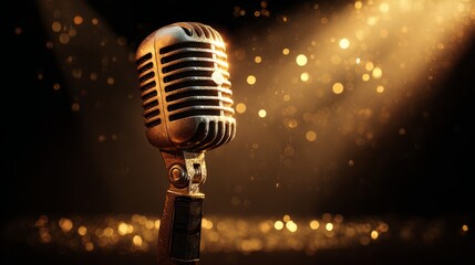 Vintage Microphone with Golden Bokeh Background