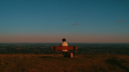 Obraz premium Man sitting on wooden bench with briefcase beside him, watching peaceful Limburg landscape in warm golden morning light under clear blue sky with soft clouds.