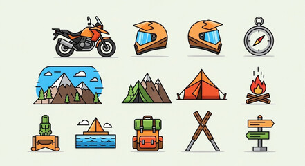 Adventure travel icons including motorcycle tent compass and backpack.