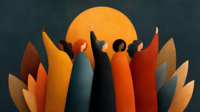 Flat illustration celebrating World Human Spirit Day, abstract human figures rising with light and energy, memphis geometric shapes, boho textures, warm uplifting color palette