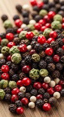 Mixed peppercorns are piled upon a light brown wooden surface with shallow depth of field