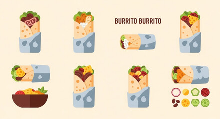 Assorted Burritos and Ingredients Flat Illustration.