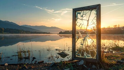 Sunset reflection over a calm lake with broken glass