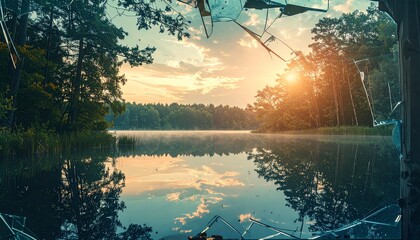 Sunset reflection over a calm lake with broken glass