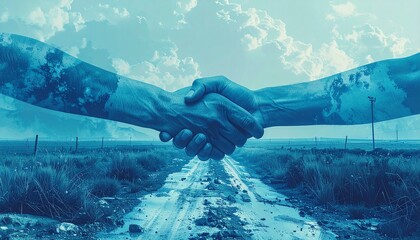 Hands shaking in a blue artistic representation