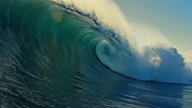 Majestic ocean wave curls under golden sunlight, creating a natural spectacle