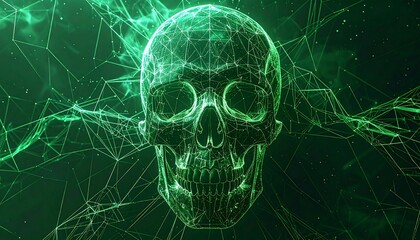 A green glowing skull with a network of lines on a dark background