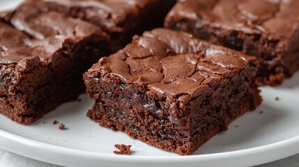 Delicious Homemade Chocolate Brownie Squares on White Plate, Close-up