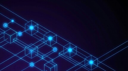 Abstract Digital Network Grid With Glowing Blue Nodes On A Dark Purple Background In A Futuristic Style