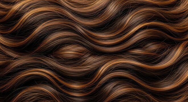 Brown wavy hair with blonde highlights against a black background.