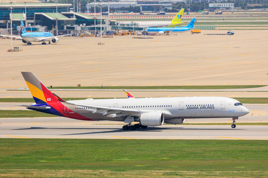 Incheon, South Korea - 2025 July 05: An Asiana Airlines Airbus A350 aircraft taking off from the runway at Incheon International Airport (ICN).